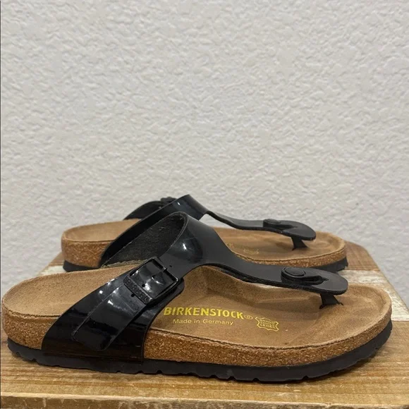 Birkenstock Gizeh Birko Flor Black Patent Sandals Size 37 / 6 - Picture 2 of 7